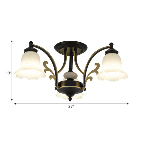 Vintage Floral White Glass Ceiling Lamp With 3/6/8 Lights For Dining Room - Semi Flush Mount In