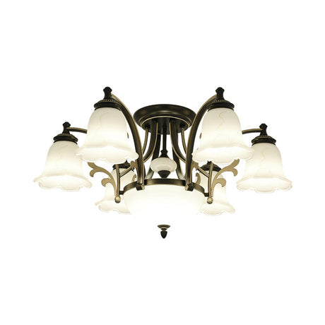 Vintage Floral White Glass Ceiling Lamp With 3/6/8 Lights For Dining Room - Semi Flush Mount In
