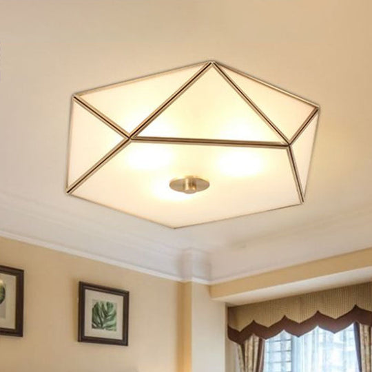 Brass Pentagonal Flushmount Ceiling Lamp: Simplicity Collection - Satin Opal Glass Flush-Mount Light