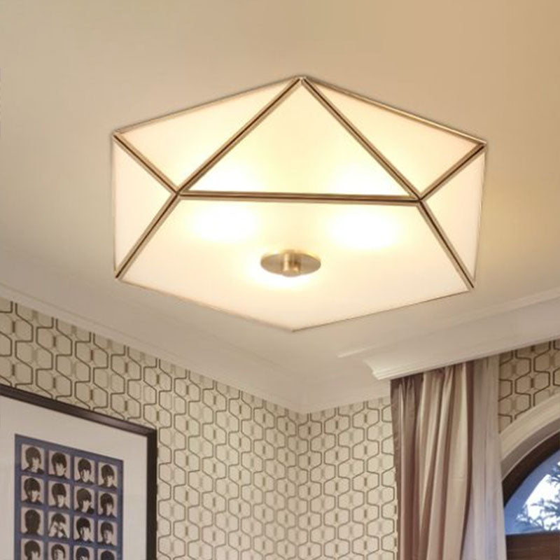 Brass Pentagonal Flushmount Ceiling Lamp: Simplicity Collection - Satin Opal Glass Flush - Mount