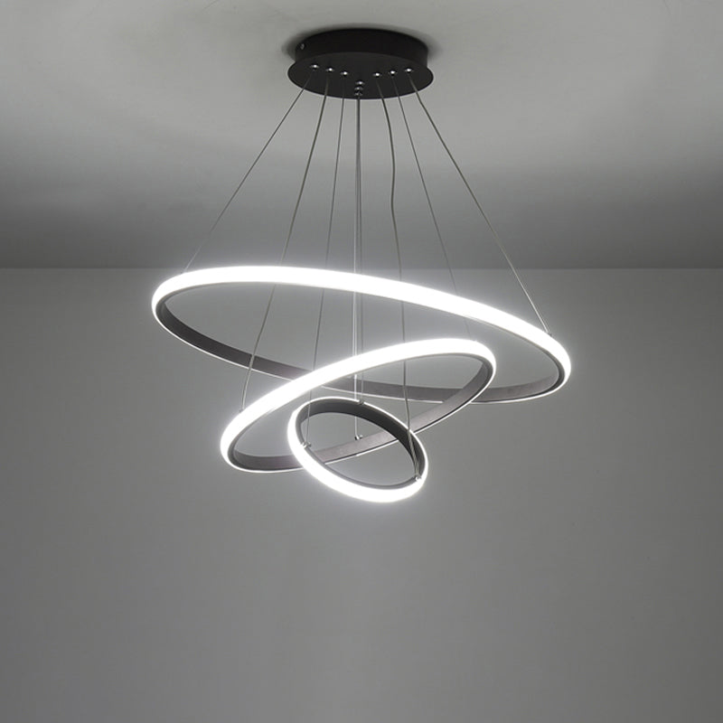Black Circle Pendant Chandelier - Simple Style Metallic Restaurant Ceiling Light With Led