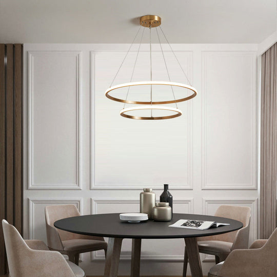 Gold Metal Led Chandelier: Modern Circular Suspension Lighting For Living Room