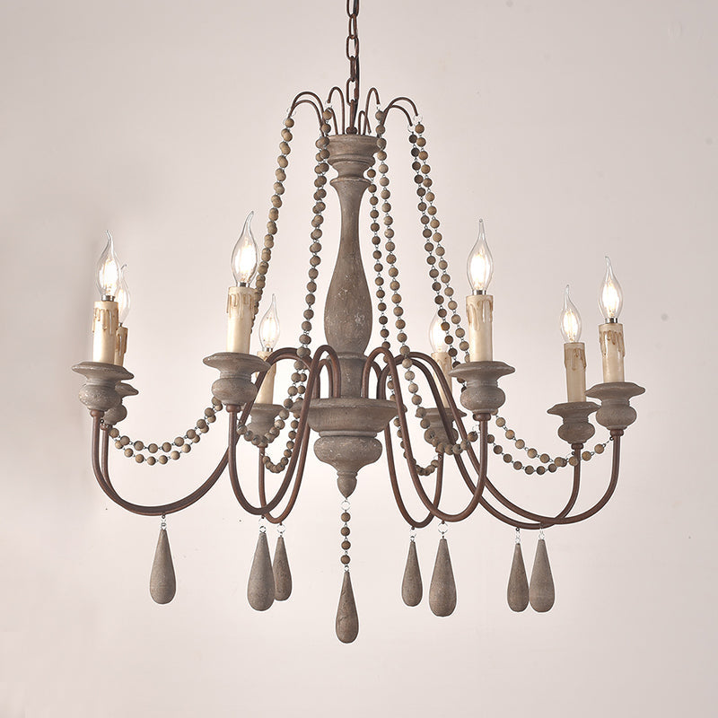 Vintage Wood Chandelier With 8 Bead Draped Pendant Lights