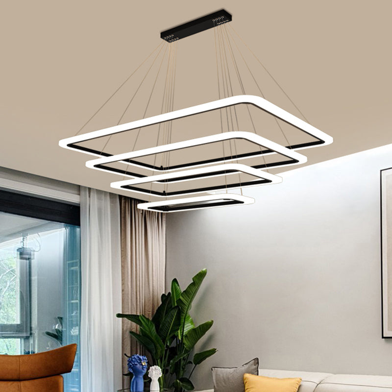 Modern 4-Tier Led Suspension Light- Black Rectangular Acrylic- Nordic Style Chandelier For Living