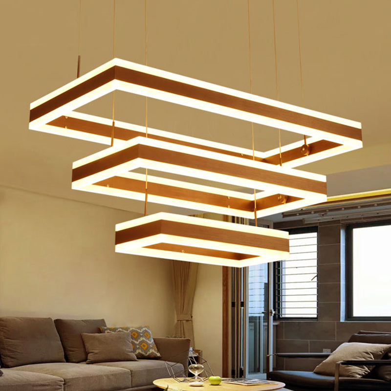 Metallic Led Pendant Light Fixture: Coffee Simplicity Rectangular Layered Chandelier