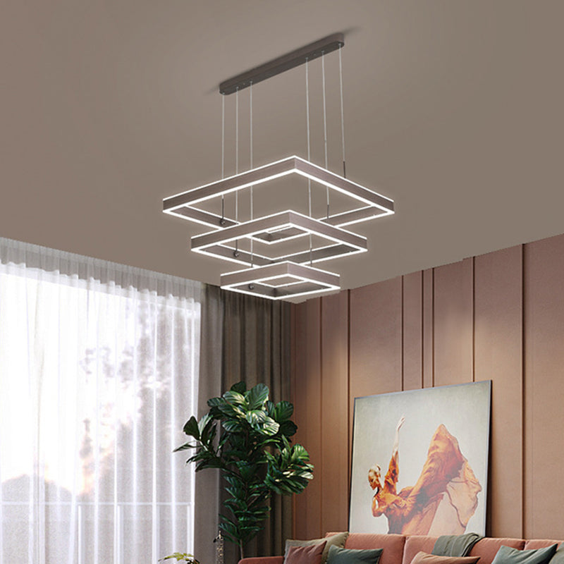 Sleek Tiered Square Chandelier Led Pendant Light In Coffee For Metallic Living Room 3 / Warm