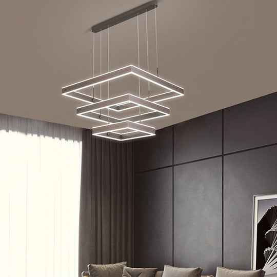 Sleek Tiered Square Chandelier Led Pendant Light In Coffee For Metallic Living Room