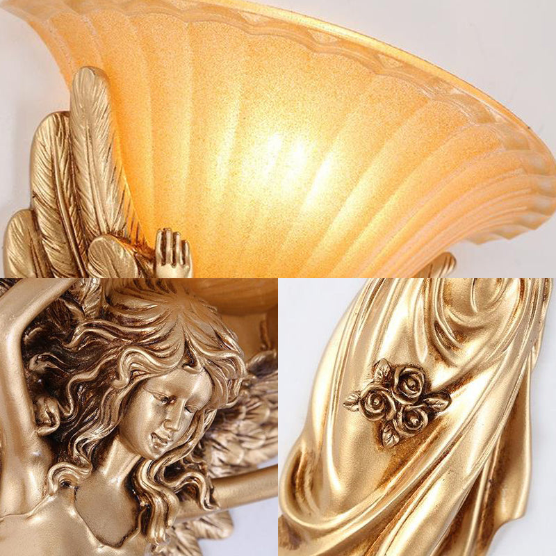 Vintage Flared Ribbed Glass Wall Lamp With Gold/White Angel Base - 1 Light Sconce
