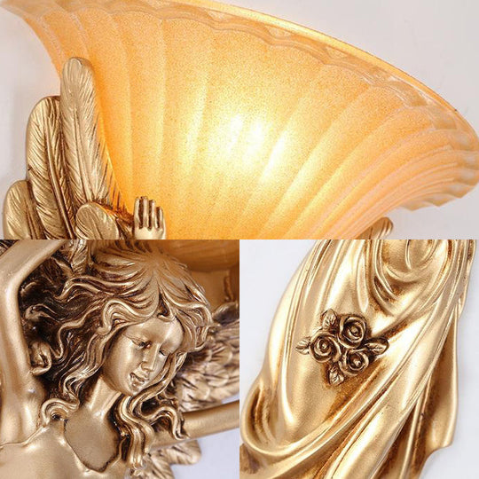 Vintage Flared Ribbed Glass Wall Lamp With Gold/White Angel Base - 1 Light Sconce