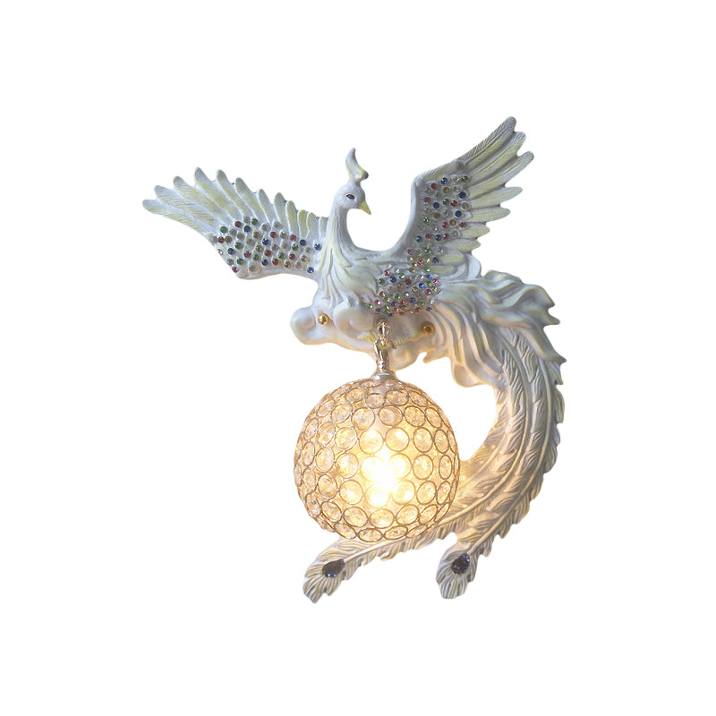 Antique Metal & Crystal Wall Sconce With Orb Design - 1-Light Living Room Lamp (White/Gold/Blue