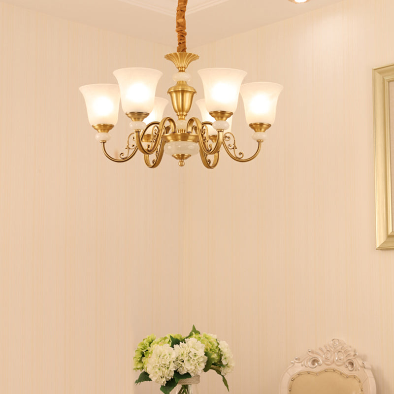 Minimalist 6-Light Bell Pendant Chandelier In Gold With Frosted White Glass