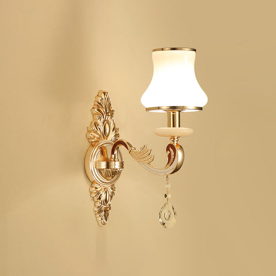 Retro Gold Flared Sconce Lamp With Crystal Droplet - Milk Glass Wall Mount Light 1 /