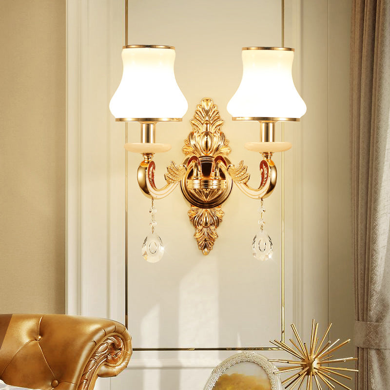Retro Gold Flared Sconce Lamp With Crystal Droplet - Milk Glass Wall Mount Light
