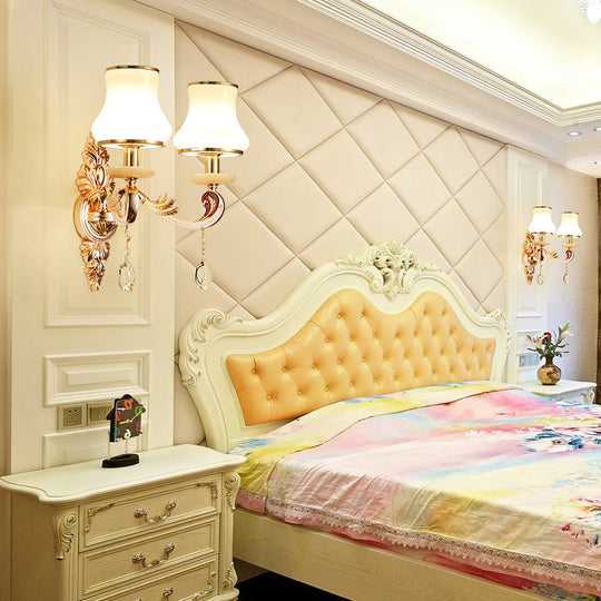 Retro Gold Flared Sconce Lamp With Crystal Droplet - Milk Glass Wall Mount Light