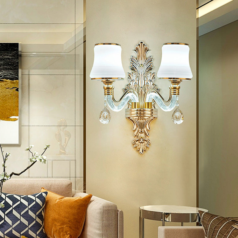 Traditional White Glass Gold Wall Sconce With Illuminated Arm For Living Room Lighting