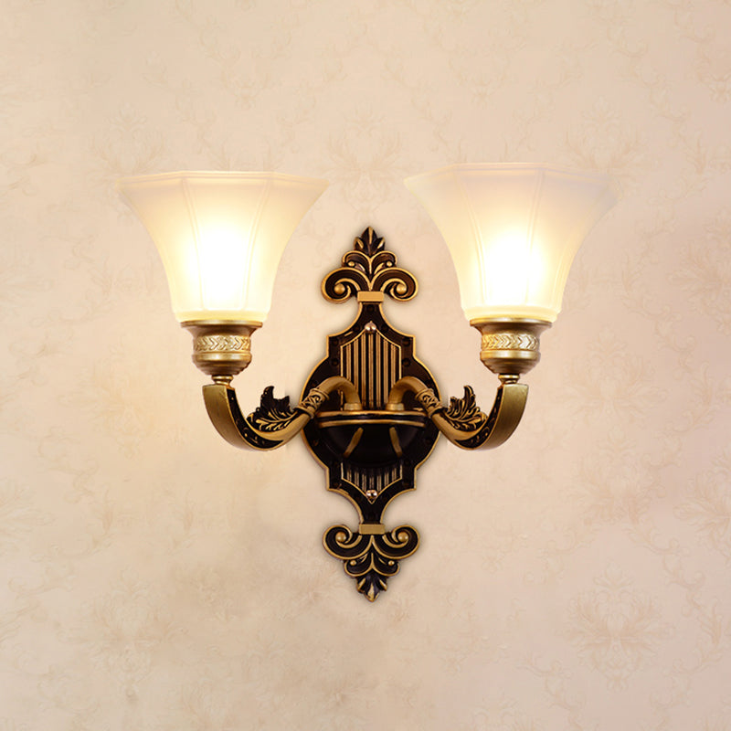 Gold Carved Arm Wall Sconce Light - Traditional Metal Bedroom With White Lampshade 2 / J