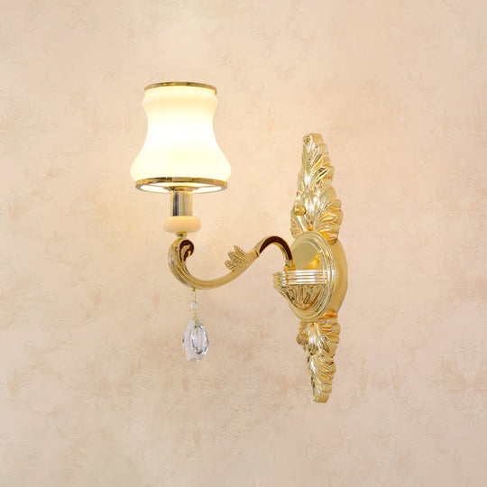 Gold Carved Arm Wall Sconce Light - Traditional Metal Bedroom With White Lampshade 1 / B
