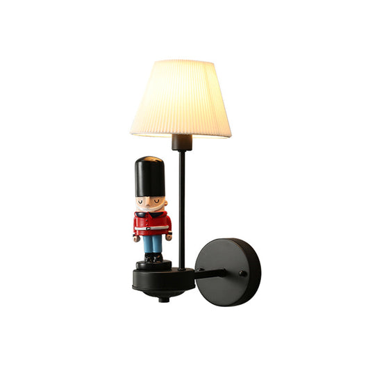 Tapered Wall Sconce Lamp: Pleated Fabric Cartoon Design With Soldier Decoration Black