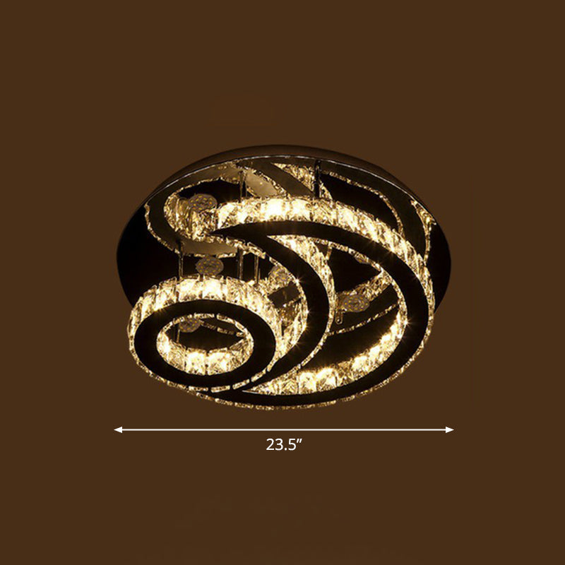 Clear K9 Crystal Moon And Sun Ceiling Lamp - Minimalist Stainless Steel Led Flush Light / 23.5’