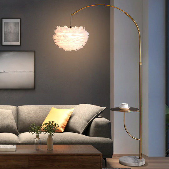 Antique Gold Arc Standing Lamp: Postmodern Metal Tray Floor Light With Feather Shade