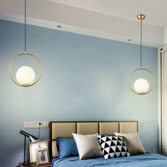 White Glass Hanging Lamp With Brass Metal Ring - Post-Modern Pendant Light