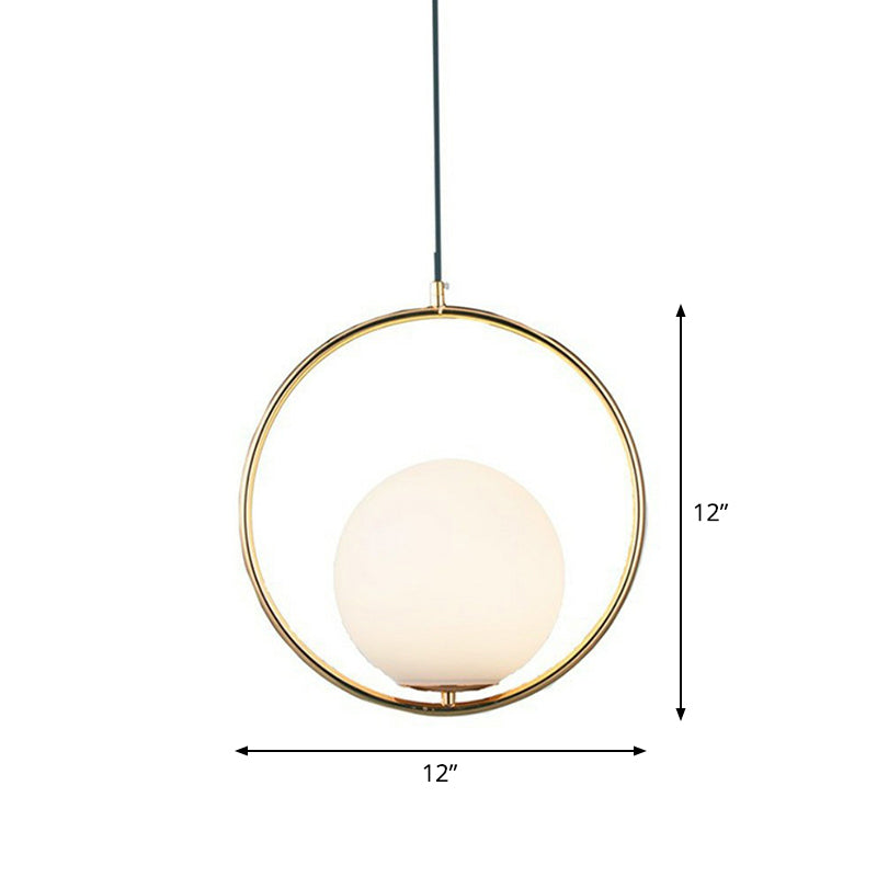 Sleek White Glass Hanging Pendant Light With Brass Metal Ring – Post-Modern Design / 12’