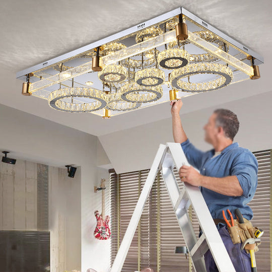 Modern Crystal Circle Led Flushmount Light For Ceiling - Clear Rectangular Design