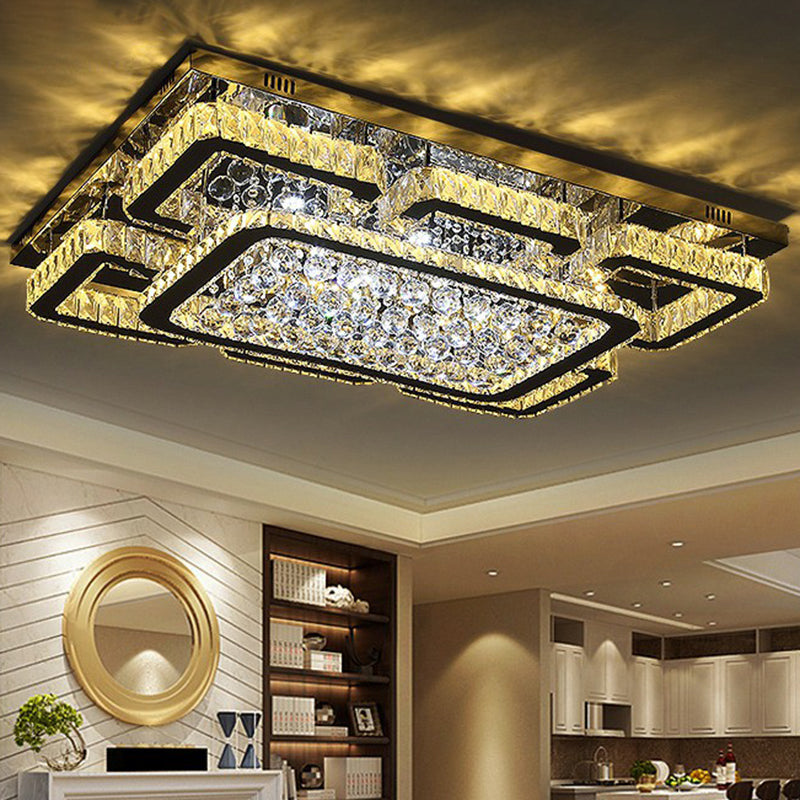 Crystal Clear Led Flush Mount Ceiling Light: Modern Rectangle Design For Living Room