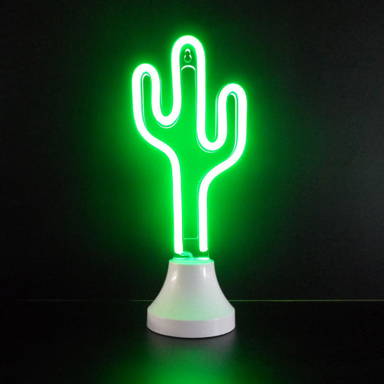 Mini Led Cartoon Table Lamp - Battery Powered Bedroom Nightstand Light In White / Cactus