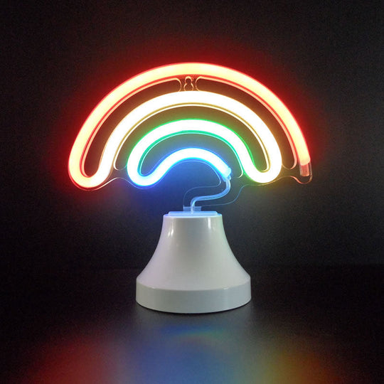 Mini Led Cartoon Table Lamp - Battery Powered Bedroom Nightstand Light In White / Rainbow