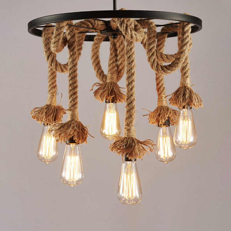 Rustic 6-Light Chandelier With Brown Open Bulb Design - Restaurant Hanging Lamp