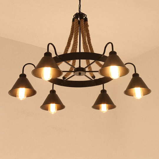 Industrial Black Conical Chandelier - Stylish Iron Suspension Lighting With Wheel And Hemp Detail 6