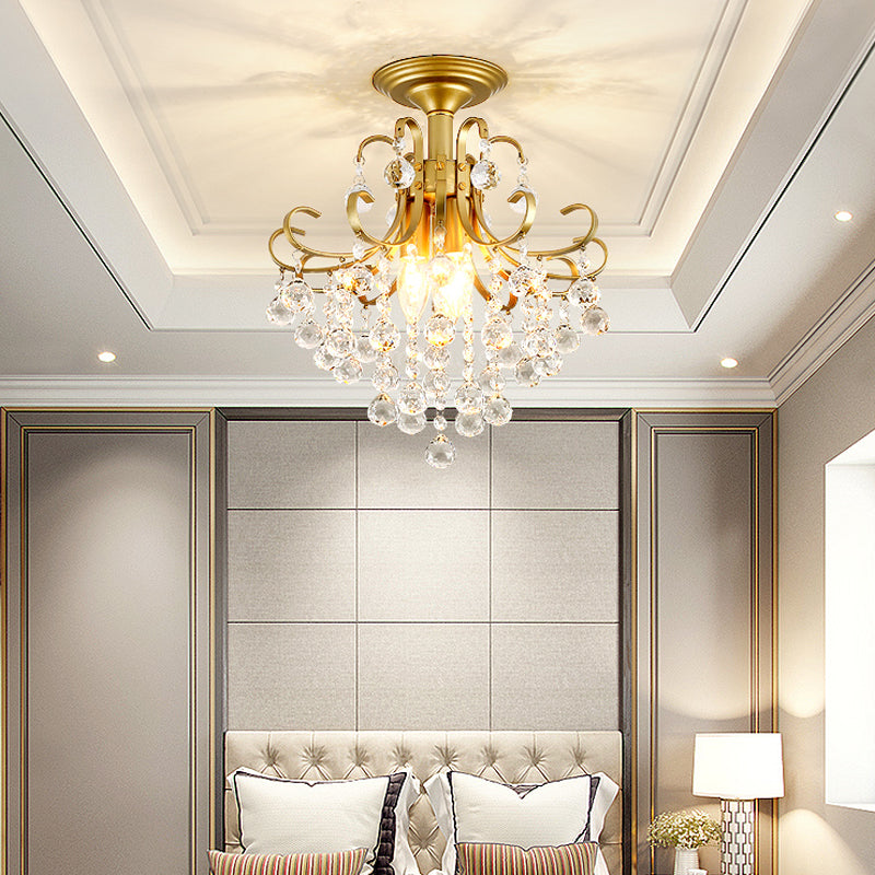 Vintage Swirl Metal Semi - Flush Ceiling Lighting With Crystal Orbs (3 Bulbs)