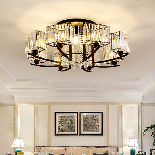 Retro Crystal Block Semi Flush Mount Ceiling Lamp For Living Room - Round Black