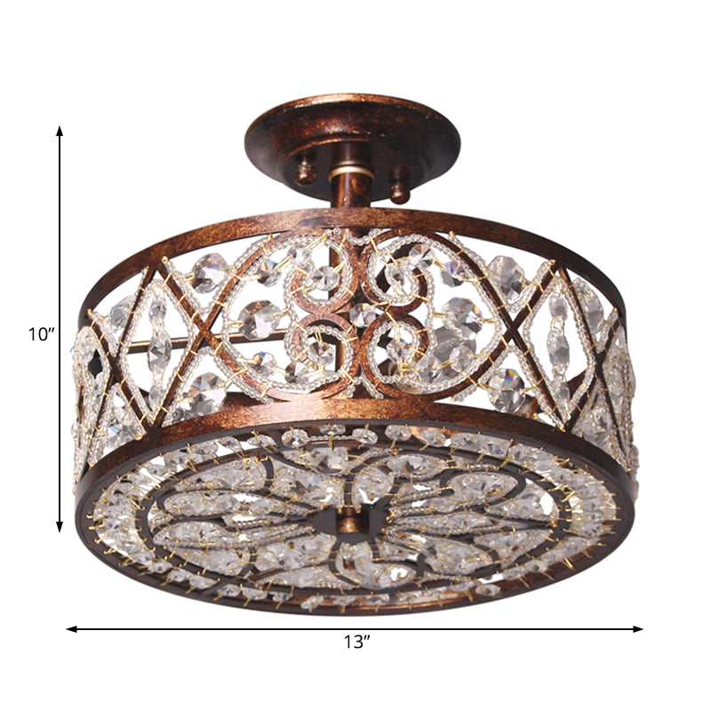 Rustic Metal And Crystal Drum Bedroom Ceiling Light Fixture - Semi Flush 3 Lights