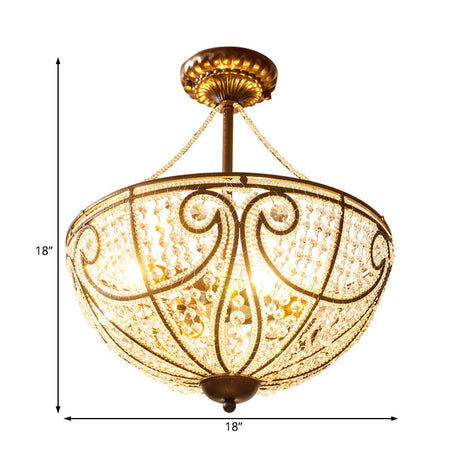 Rustic Bronze Bowl Crystal Ceiling Light - Semi Flush Mount For Bedroom