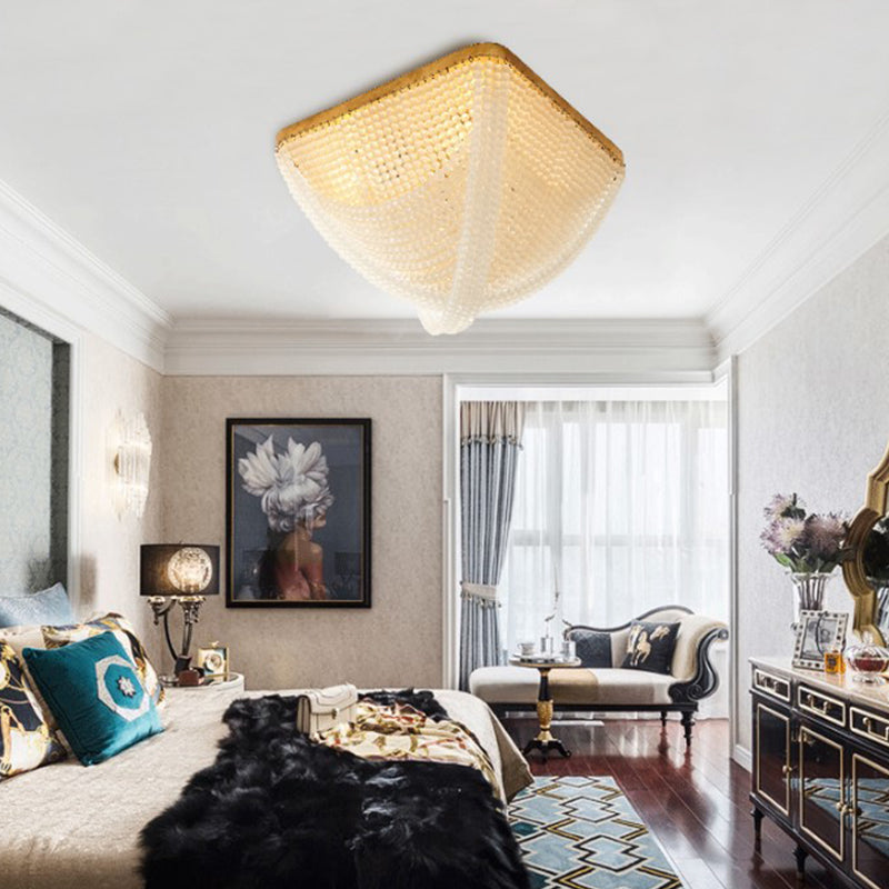 Rustic Bedroom Ceiling Lamp With Crystal Beaded Shade - 4 Light Flush Mount White