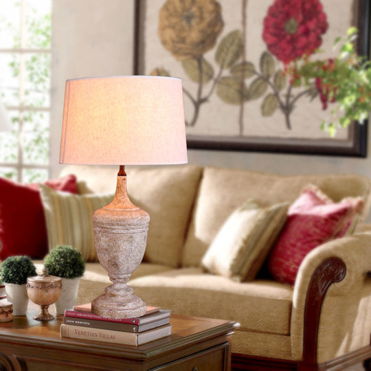 Vintage White Fabric Table Light With Distressed Wood Base Bedside Lamp