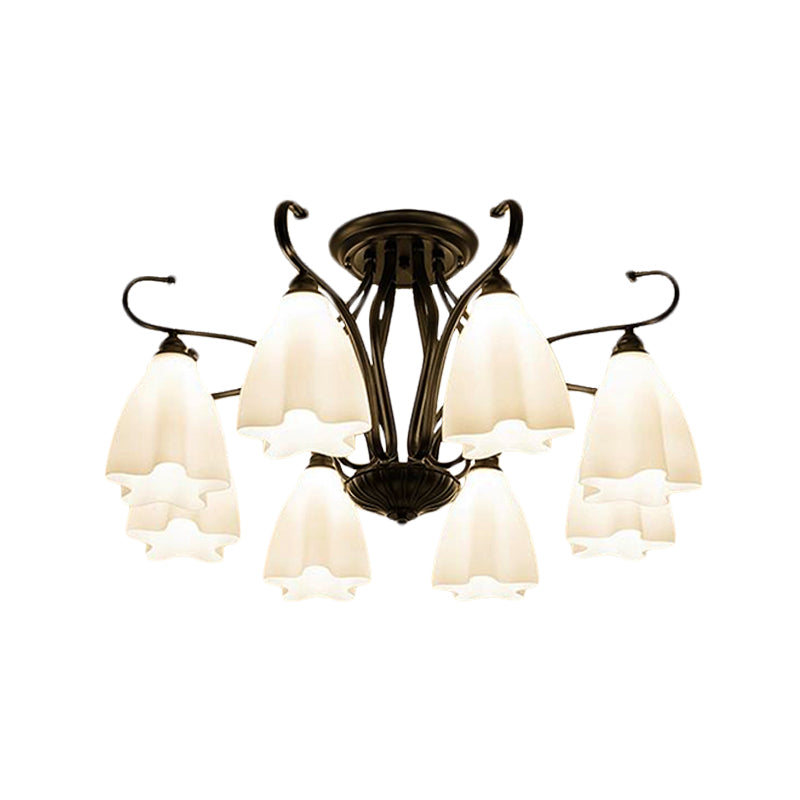 Flower-Shaped White Glass Ceiling Light Fixture With 3/6/8 Lights For Classic Living Room