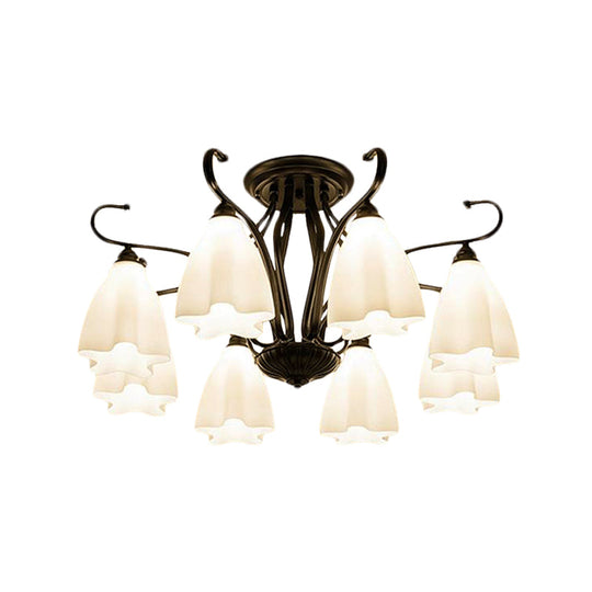 Flower-Shaped White Glass Ceiling Light Fixture With 3/6/8 Lights For Classic Living Room