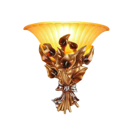 Traditional Gold Floral Wall Sconce With Flared Glass Shade For Living Room