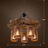 Cage Style Industrial Wooden Chandelier For Living Room - Brown And Black Suspension Light Fixture 5