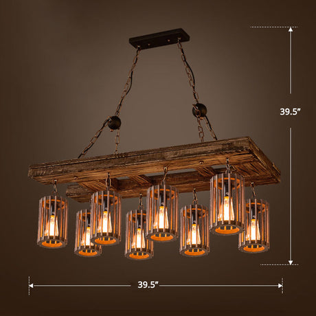 Cage Style Industrial Wooden Chandelier For Living Room - Brown And Black Suspension Light Fixture 8