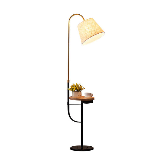 Contemporary Fabric Tapered Drum Floor Light With Tray - Bedside Lighting 1 Bulb