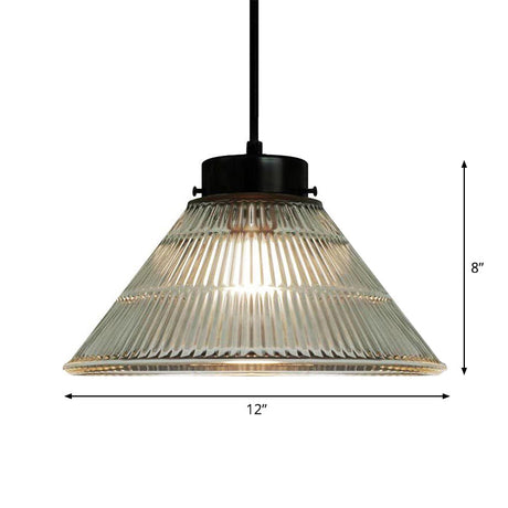 Retro-Style Clear Ribbed Glass Suspension Pendant Light For Restaurants - 1 Head Tapered Design
