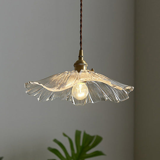 Vintage Floral Glass Pendant Light Fixture For Restaurants - Single Ruffled Design