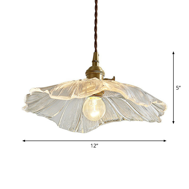 Vintage Floral Glass Pendant Light Fixture For Restaurants - Single Ruffled Design Clear