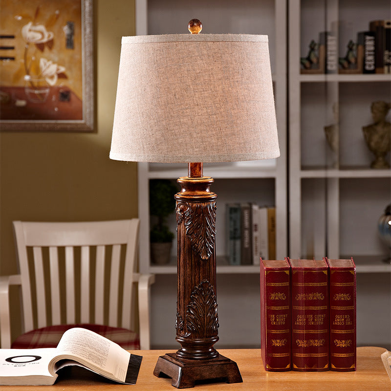 Vintage Brown Carved Base Table Lamp With Tapered Fabric Shade - Perfect For Study Rooms And Night