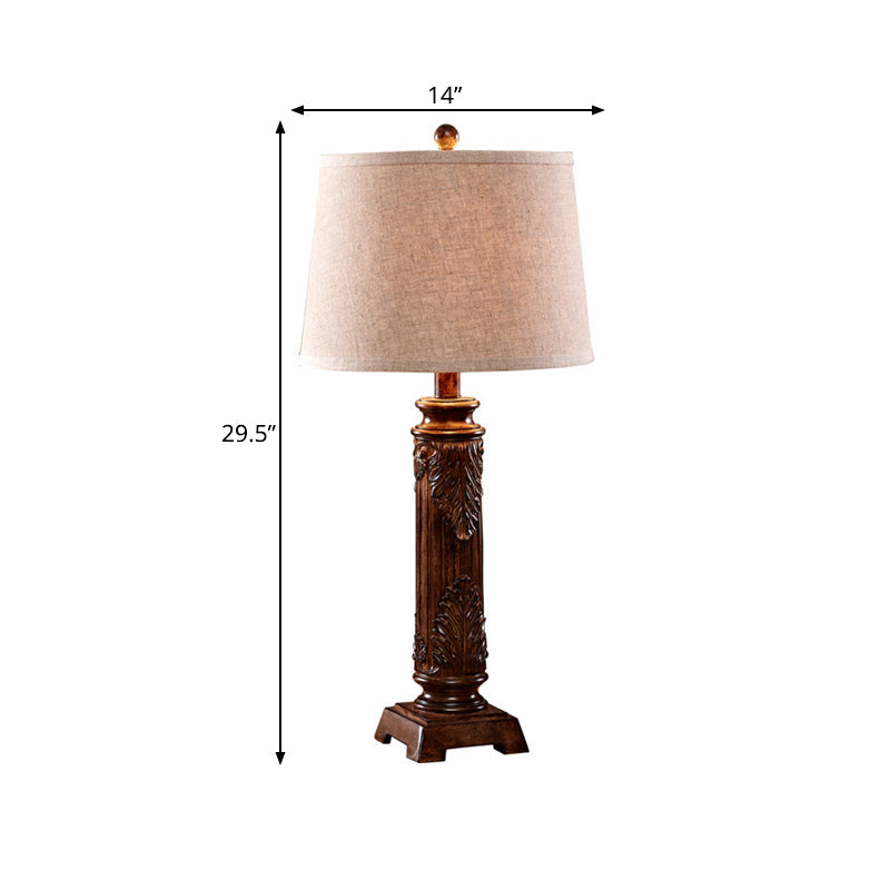 Vintage Brown Carved Base Table Lamp With Tapered Fabric Shade - Perfect For Study Rooms And Night