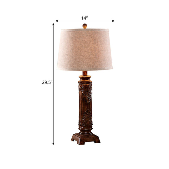 Vintage Brown Carved Base Table Lamp With Tapered Fabric Shade - Perfect For Study Rooms And Night